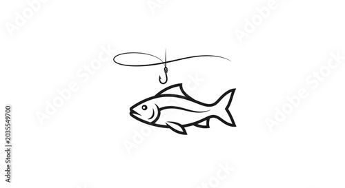 Foto Hand-drawn outline of a fish caught on a fishing hook and line, isolated on whit