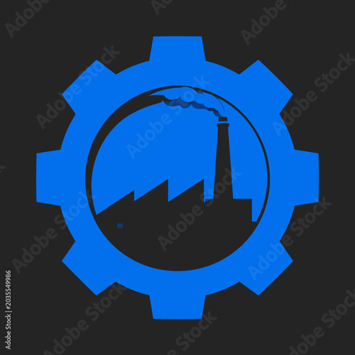 Circular blue gear logo featuring a factory building.