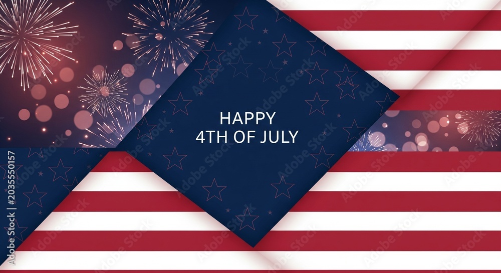 Obraz premium Happy 4th of July graphic with fireworks and American flag stripes, stars, and bokeh lights, abstract patriotic celebration design with text overlay