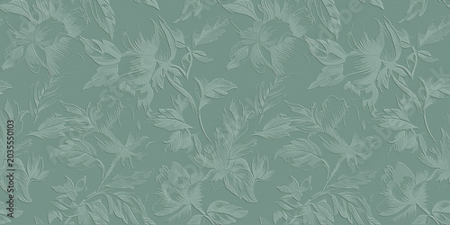 A series of elegant, seamless floral and leaf patterns featuring a 3D embossed texture on a canvas like background in sage green.