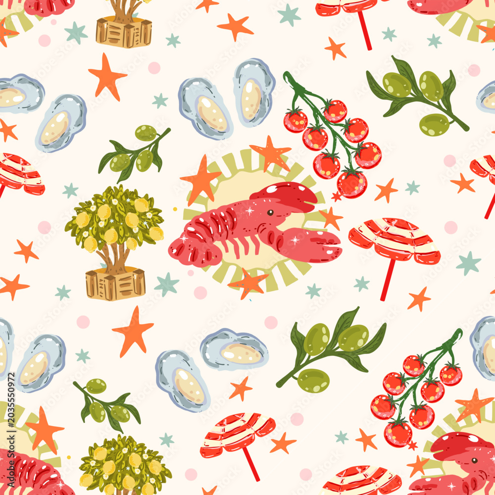 Naklejka premium Summer Lobster and Lemon Seamless Pattern, La Dolce Vita Coastal Mediterranean Design, Italian Seafood Picnic Print, Citrus Tile Background, Nautical Summer Repeat, Retro Amalfi Style Surface Pattern 