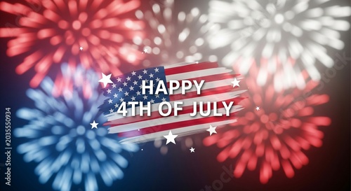 Happy 4th of July text overlay on American flag with blurred red white and blue fireworks exploding in the night sky, patriotic celebration concept