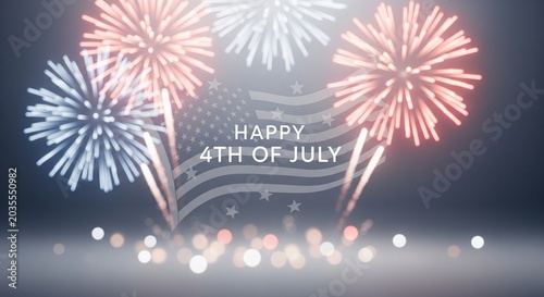 Happy 4th of July greeting with American flag and festive fireworks display in soft focus with bokeh lights, celebrating Independence Day with patriotic celebration and national pride.