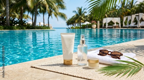 Sunscreen and skincare products placed on a mat beside swimming pool