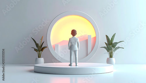 Businessman in white suit standing on pedestal looking at sunrise behind circular frame, future vision, new beginnings, career growth