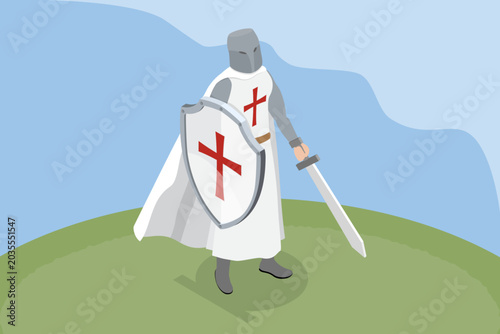 Bild auf Leinwand 3D Isometric Flat Vector Illustration of Crusader Knight, Templar with Sword And