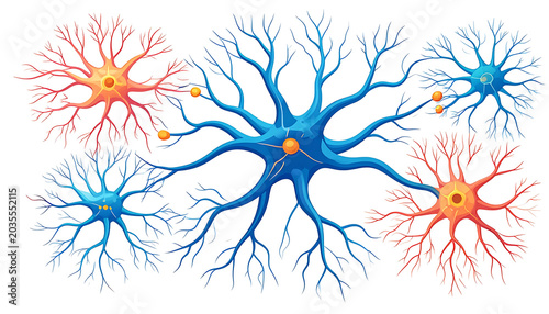 Colorful interconnected neuron cells with dendrites and axons, abstract illustration of brain activity and neural network, science and technology concept