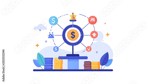 Centralized financial hub connecting various currency symbols and icons, representing global economy and investment strategy, with pixel art style