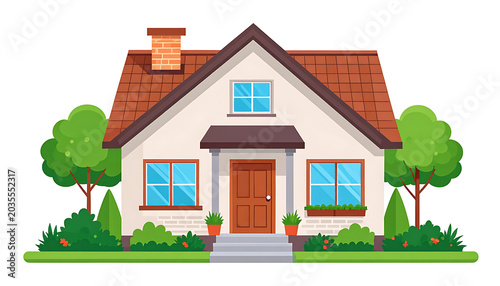Charming pixel art house with red-tiled roof, green trees, and garden beds, perfect for real estate or game assets