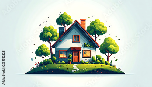 Charming pixel art cottage nestled on a grassy hill surrounded by lush green trees, clean energy home concept, eco-friendly living, peaceful neighborhood.