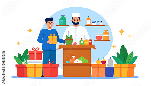 Chef and customer preparing gift boxes with groceries and presents, healthy food delivery and surprise gifts, celebration and surprise