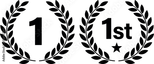 Quadro su tela First Place Laurel Wreath Icon Set with Black First Rank Winner Symbols for Cham
