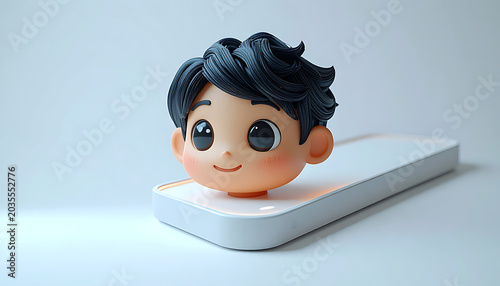 Chibi style cartoon boy head with pixelated hair and large eyes, resting on a minimalist white platform, playful and friendly, digital art