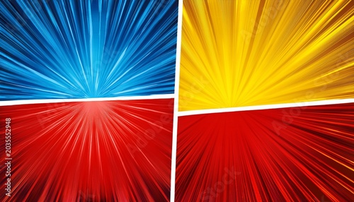 Comic Book Background With Three Rays Of Different Colors Blue Red And Yellow