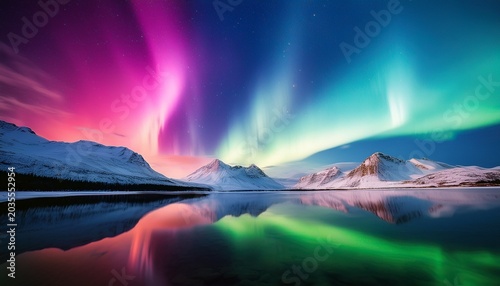 Vibrant Aurora Borealis Over Snowy Mountain Range With Glowing Pink Green Blue Sky Reflection Northernlights