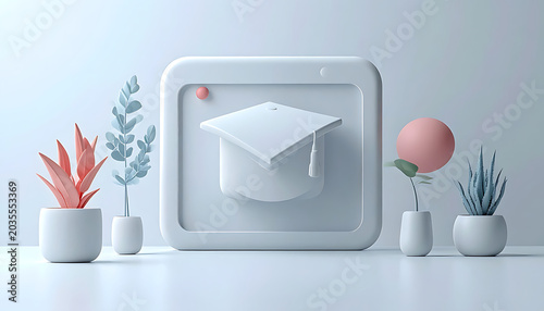 Clean 3D rendering of a graduation cap icon with decorative potted plants, symbolizing education and achievement on a soft blue background