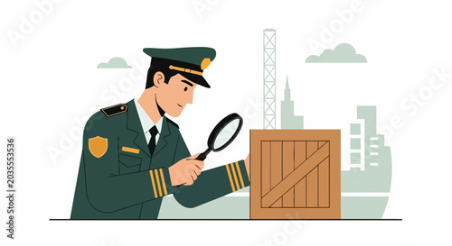 Customs Officer Inspecting Shipping Crate with Magnifying Glass, Border Control and Logistics Security Vector Illustration