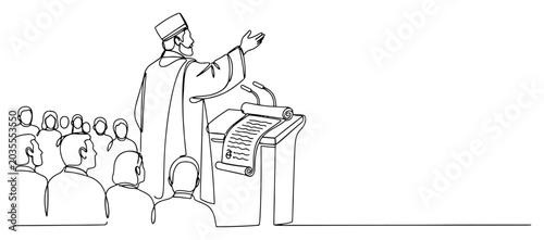Tableau sur toile Priest preaching at pulpit in front of congregation in continuous line art style
