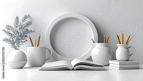 Clean desk setup with open book, vases, pencils, and decorative leaf, ideal for study, creativity, or home office concepts