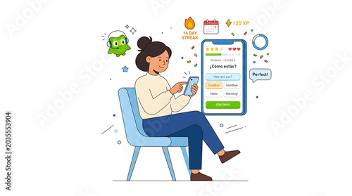 Young woman learning spanish language on smartphone app with duolingo character mascot, 14 day streak, 120 xp, flat vector illustration