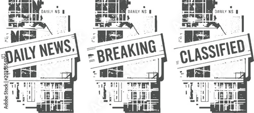 Three newspaper sections with headlines daily news breaking classified in dark gray