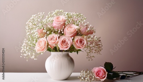 Delicate Pink Roses And Gypsophila Elegantly Arranged In A White Ceramic Vase Against A Soft Background