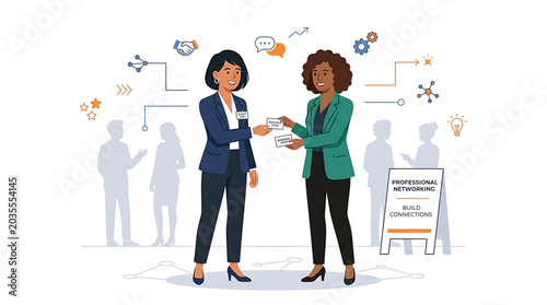 Two professional women exchanging business cards at a networking event