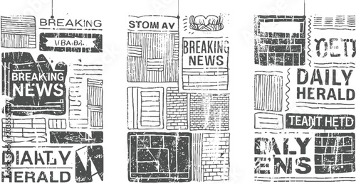 Foto Three newspaper sections with breaking news and daily herald headlines in a dist