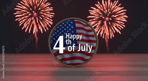 Circular emblem with American flag and Happy 4th of July text centered on wooden surface with red fireworks exploding in dark night sky background, festive celebration concept