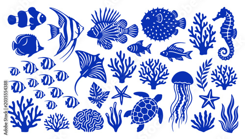 Oceanic marine life silhouettes with coral reef, fish, and sea creatures on white background
