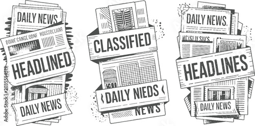 Fotografie Three distinct black and white of stacked newspapers with bold headlines and tex
