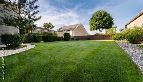 A Beautiful Artificial Lawn In The Front Yard With Nice Flowers And Shrubs Surrounding It