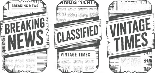 Three vintage newspaper sections titled breaking news classified and vintage times with textured paper and text