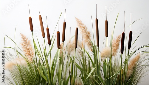 Cattails And Reeds Against A White Background A Natural Still Life
