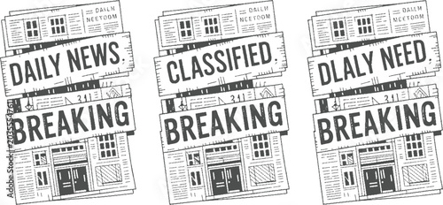 Three newspapers stacked with headlines daily news classified daily need and breaking news in a sketchy style