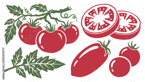 Tomato illustration set with whole and sliced fruits and leaves on white background