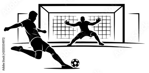 Canvastavla Soccer player shooting ball at goal with goalkeeper in silhouette style
