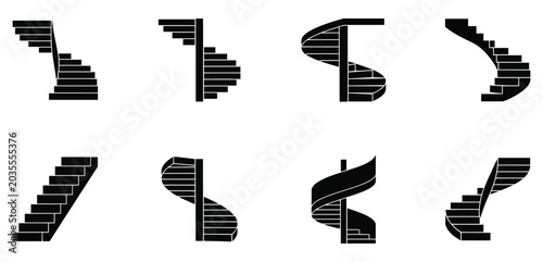 Black silhouette collection of different staircase styles including spiral and straight steps.