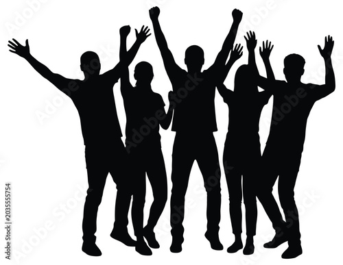 Silhouettes of excited people celebrating with hands raised in joyful unison.