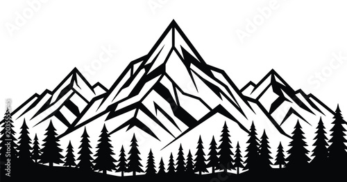 Mountain range landscape with pine trees, nature scene, wilderness, outdoor adventure.