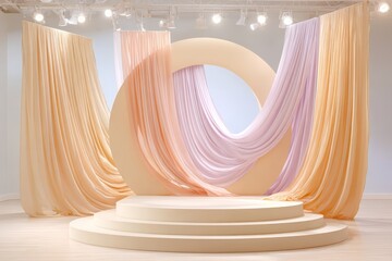 Peach and blush arch stage backdrop with layered drapes for juneteenth display pedestal and event banner design