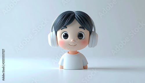 Cute 3d pixel art boy wearing headphones, smiling with pink cheeks, on a soft light gray background, digital avatar, music lover concept
