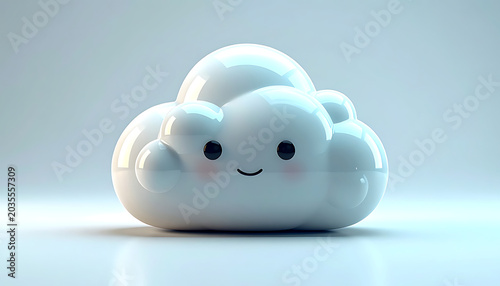 Cute cartoon cloud character with a smiling face and rosy cheeks, soft lighting, simple 3d render, weather concept, isolated on light background