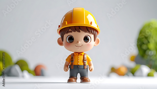 Cute cartoon construction worker boy wearing a yellow hard hat and orange shirt, standing in a playful setting, ideal for children's projects