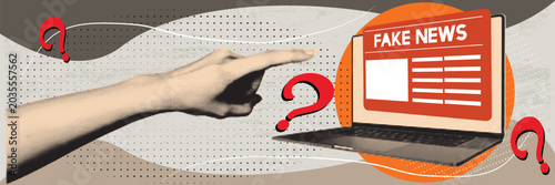Quadro su tela Retro Pop Art Collage with Hand Pointing at Fake News on Laptop Screen