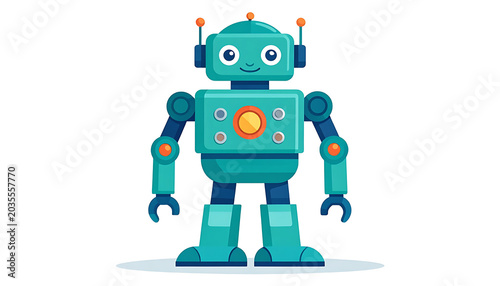 Cute pixel art robot character, teal and orange, with antennae and digital display, isolated on white, friendly and playful, perfect for technology and gaming concepts