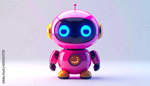 Cute pink robot with glowing blue eyes and orange accents, futuristic toy, digital assistant, cartoon character, isolated on a light gradient background, suitable for technology concepts