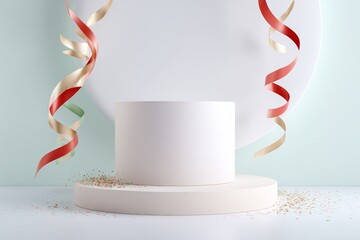 Two tier round podium with hanging red green ribbons and confetti for juneteenth campaign product showcase banner and promotional background scene