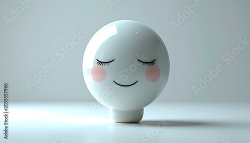 Cute white cartoon lightbulb character with closed eyes and blush cheeks, soft light background, peaceful mood, representing ideas or inspiration