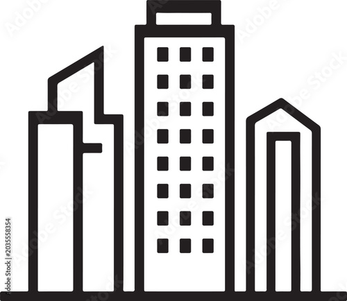 A black and white illustration of three city buildings with varying heights and shapes